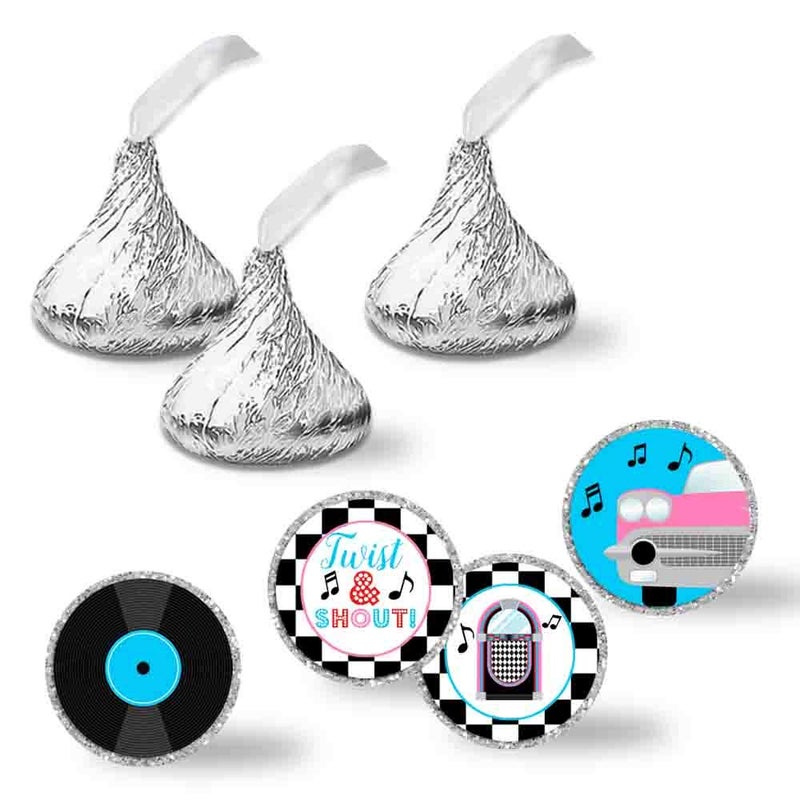 Amanda Creation 50â€™s Sock Hop Birthday Party Kiss 300 Sticker Labels 0.75" Circle for Chocolate Drop Kisses, Kids Party Stationery Set, Fun Retro 1950s Design, Seals & Goodie Bags, Made in USA by Amanda Creation - Image 1